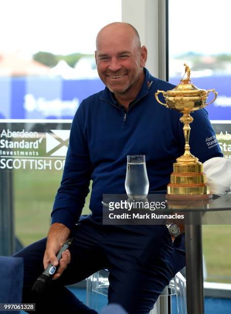 Ryder Cup Captain Thomas Bjorn of Denmark with the Ryder Cup during a player meet and greet on the first day of the Aberdeen Standard Investments...