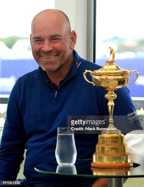 Ryder Cup Captain Thomas Bjorn of Denmark with the Ryder Cup during a player meet and greet on the first day of the Aberdeen Standard Investments...