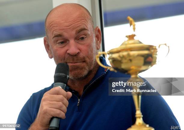 Ryder Cup Captain Thomas Bjorn of Denmark with the Ryder Cup during a player meet and greet on the first day of the Aberdeen Standard Investments...