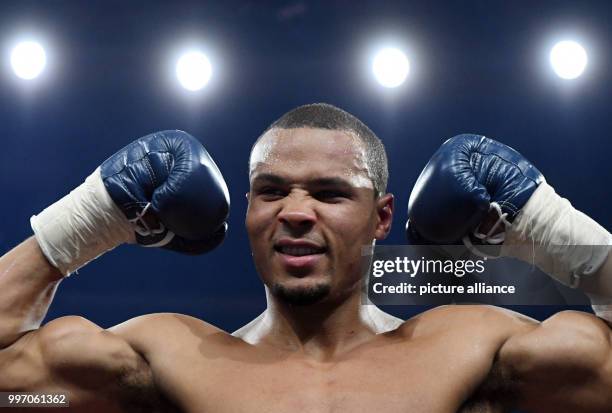 Dpatop - Britain's Chris Eubank Jr. Celebrates after defeating Turkey's Avni Yildirim during their World Boxing Super Series IBO super-middleweight...