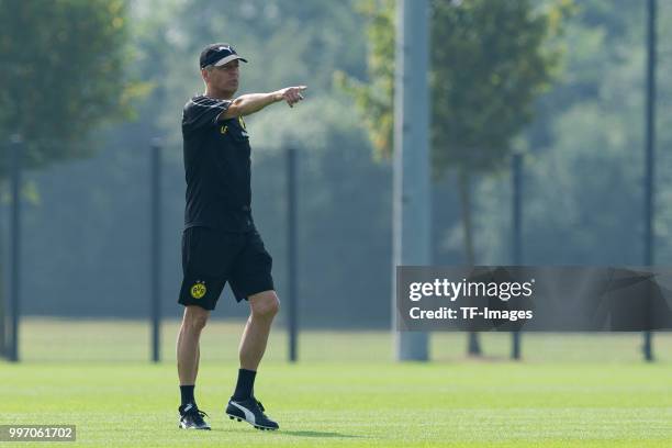 Head coach Lucien Favre of Dortmund gestures during a training session at BVB training center on July 12, 2018 in Dortmund, Germany.