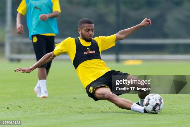 Jeremy Toljan of Dortmund controls the ball during a training session at BVB training center on July 12, 2018 in Dortmund, Germany.
