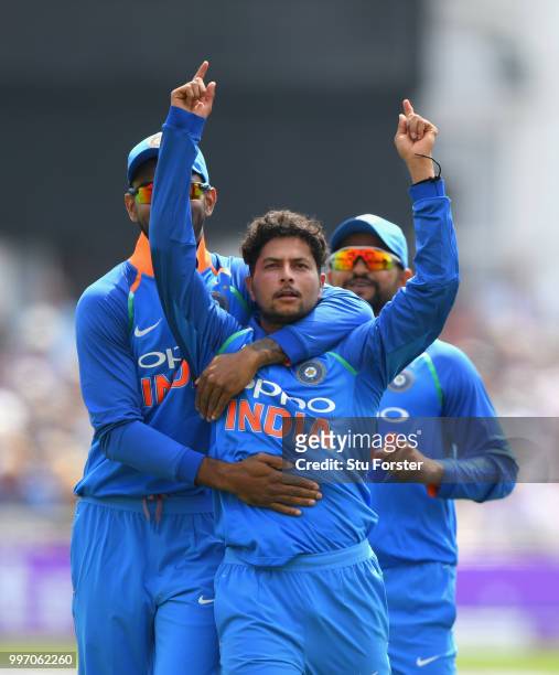 India bowler Kuldeep Yadav celebrates after dismissing Joe Root during the 1st Royal London One Day International match between England and India at...