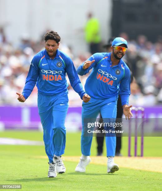 India bowler Kuldeep Yadav celebrates after dismissing Joe Root during the 1st Royal London One Day International match between England and India at...