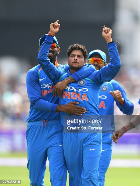 India bowler Kuldeep Yadav celebrates after dismissing Joe Root during the 1st Royal London One Day International match between England and India at...