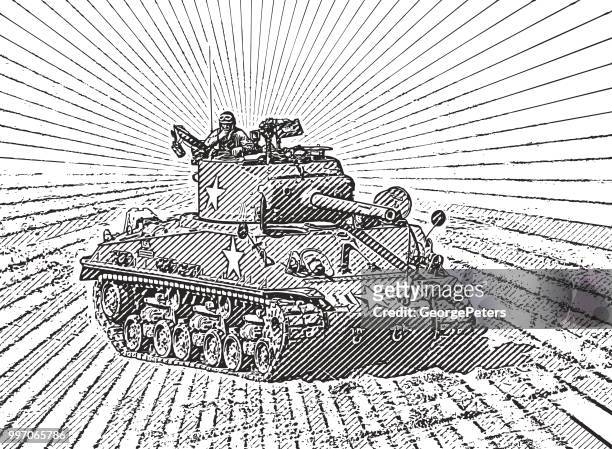 retro style illustration of a world war ii armored tank in combat - allied forces stock illustrations