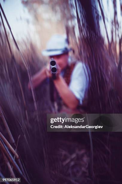 hunter pointing rifle and getting ready to shoot - bird hunting stock pictures, royalty-free photos & images