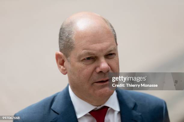 German Federal Minister of Finance Olaf Scholz is talking to media prior an Eurogroup Ministers meeting on july 12 in the Justus Lipsius, the EU...