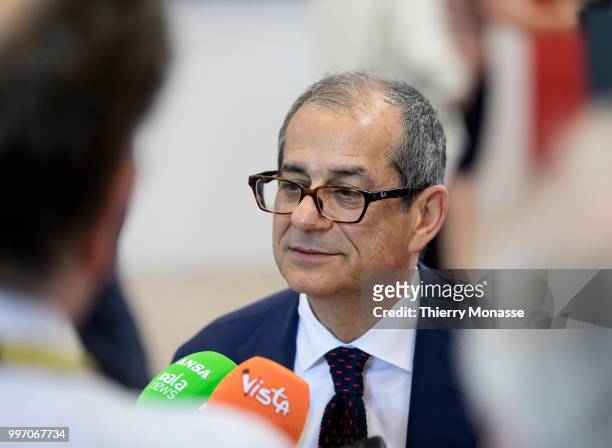 Italian Minister Economy & Finance Giovanni Tria is talking to media prior an Eurogroup Ministers meeting, on july 12 in the Justus Lipsius, the EU...
