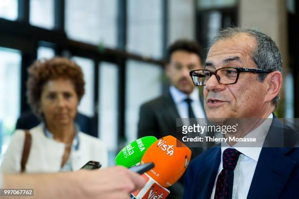 Italian Minister Economy & Finance Giovanni Tria is talking to media prior an Eurogroup Ministers meeting, on july 12 in the Justus Lipsius, the EU...