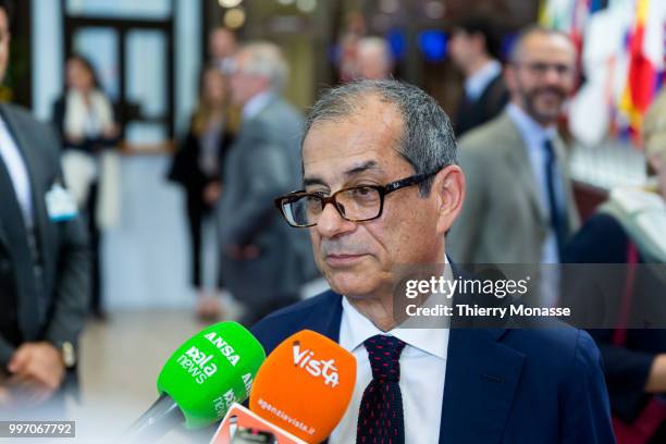 Italian Minister Economy & Finance Giovanni Tria is talking to media prior an Eurogroup Ministers meeting, on july 12 in the Justus Lipsius, the EU...