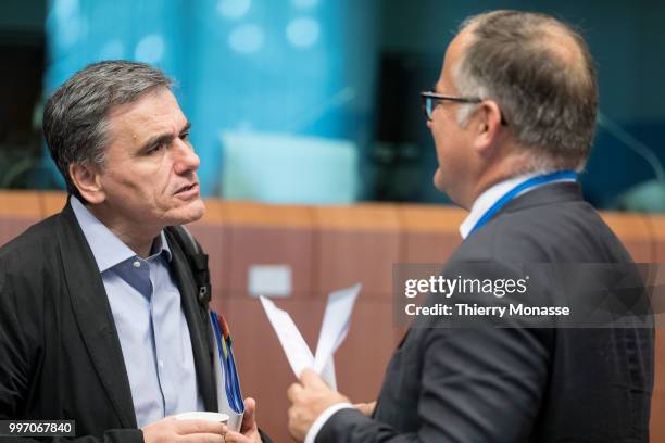 Greek Finance Minister Euclid Tsakalotos arrives for an Eurogroup Ministers meeting on july 12 in the Justus Lipsius, the EU Council headquarter. The...