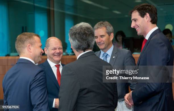 From Left: Finnish Finance Minister Petteri Orpo is talking with the German Federal Minister of Finance Olaf Scholz, the Portuguese Finance Minister,...