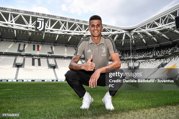 Joao Cancelo during a Juventus Press Conference at Juventus Allianz Stadium on July 12, 2018 in Turin, Italy.