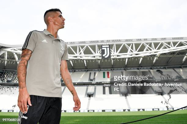 Joao Cancelo during a Juventus Press Conference at Juventus Allianz Stadium on July 12, 2018 in Turin, Italy.
