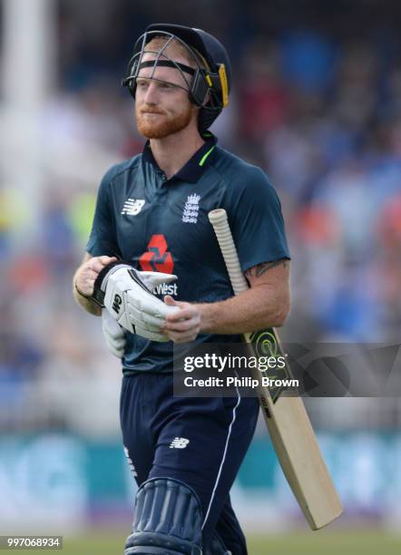 Ben Stokes of England leaves the field after being dismissed during the 1st Royal London One-Day International between England and India on July 12,...