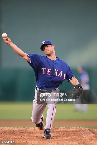 Rich Harden of the Texas Rangers pitching during the game against the Oakland Athletics at the Oakland Coliseum on May 3, 2010 in Oakland,...