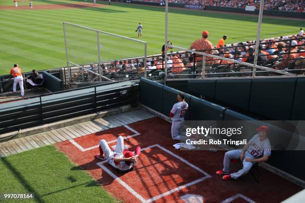 View of Los Angeles Angels Hansel Robles and Taylor Cole in bullpen before game vs Baltimore Orioles at Oriole Park at Camden Yards. Baltimore, MD...