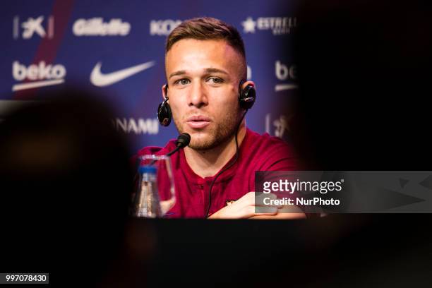 Presentation of Arthur Melo from Brasil after being the first new signing for FC Barcelona 2018/2019 La Liga team in Camp Nou Stadiu, Barcelona on 11...