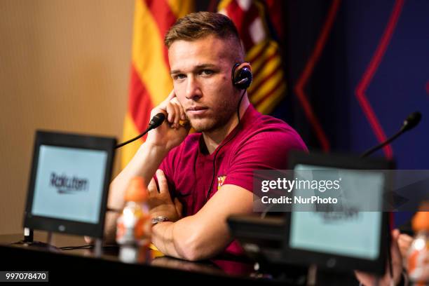 Presentation of Arthur Melo from Brasil after being the first new signing for FC Barcelona 2018/2019 La Liga team in Camp Nou Stadiu, Barcelona on 11...