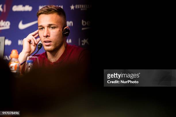 Presentation of Arthur Melo from Brasil after being the first new signing for FC Barcelona 2018/2019 La Liga team in Camp Nou Stadiu, Barcelona on 11...