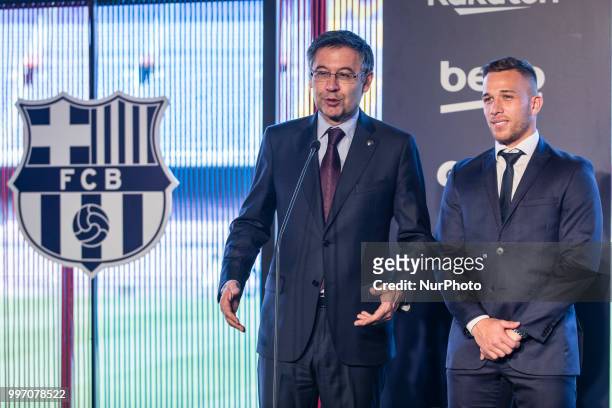 Josep Maria Bartomeu president of FC Barcelona at the presentation of Arthur Melo from Brasil after being the first new signing for FC Barcelona...