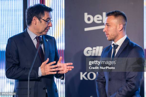 Josep Maria Bartomeu president of FC Barcelona at the presentation of Arthur Melo from Brasil after being the first new signing for FC Barcelona...