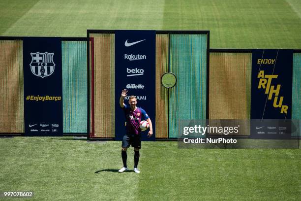 Presentation of Arthur Melo from Brasil after being the first new signing for FC Barcelona 2018/2019 La Liga team in Camp Nou Stadiu, Barcelona on 11...