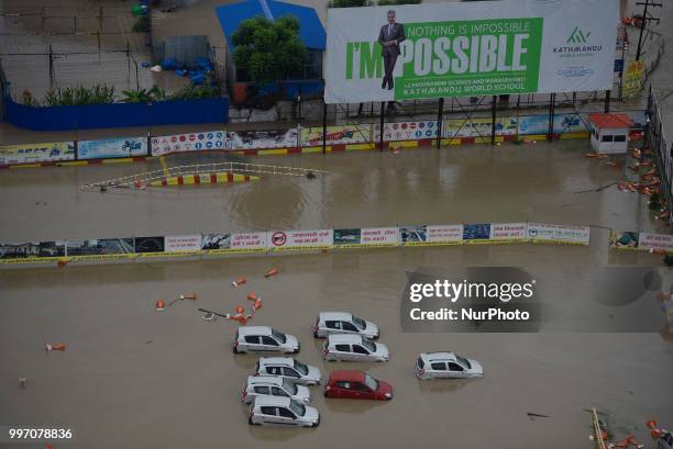 Vehicles drown from flooded area overflowed from River affected due to incessant rainfall at Thimi, Bhaktapur, Nepal on Thursday, July 12, 2018....