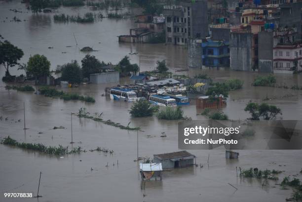 An ariel view of flooded area overflowed from River affected due to incessant rainfall at Thimi, Bhaktapur, Nepal on Thursday, July 12, 2018. Normal...