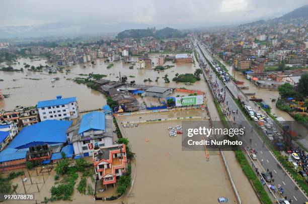 An ariel view of flooded area overflowed from River affected due to incessant rainfall at Thimi, Bhaktapur, Nepal on Thursday, July 12, 2018. Normal...