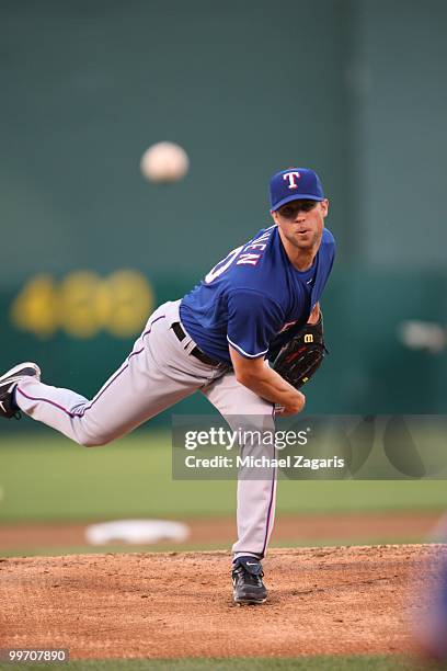 Rich Harden of the Texas Rangers pitching during the game against the Oakland Athletics at the Oakland Coliseum on May 3, 2010 in Oakland,...