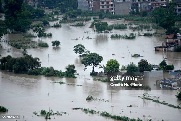 An ariel view of flooded area overflowed from River affected due to incessant rainfall at Thimi, Bhaktapur, Nepal on Thursday, July 12, 2018. Normal...