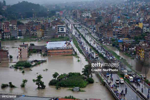 An ariel view of flooded area overflowed from River affected due to incessant rainfall at Thimi, Bhaktapur, Nepal on Thursday, July 12, 2018. Normal...