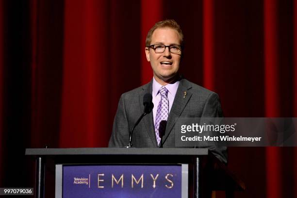 Television Academy President and COO Maury McIntyre speaks onstage during the 70th Emmy Awards Nominations Announcement at Saban Media Center on July...