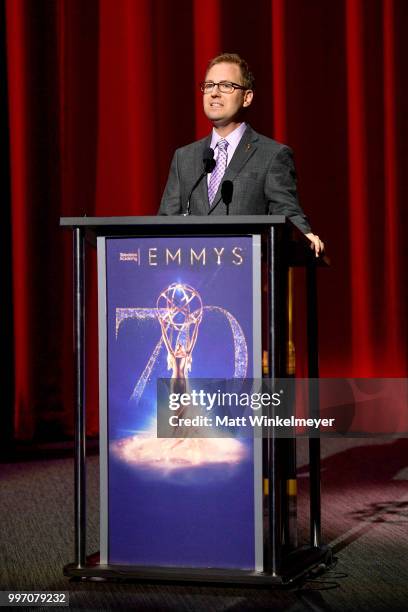 Television Academy President and COO Maury McIntyre speaks onstage during the 70th Emmy Awards Nominations Announcement at Saban Media Center on July...