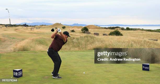 Patrick Reed of USA takes his tee shot on hole eleven during day one of the Aberdeen Standard Investments Scottish Open at Gullane Golf Course on...