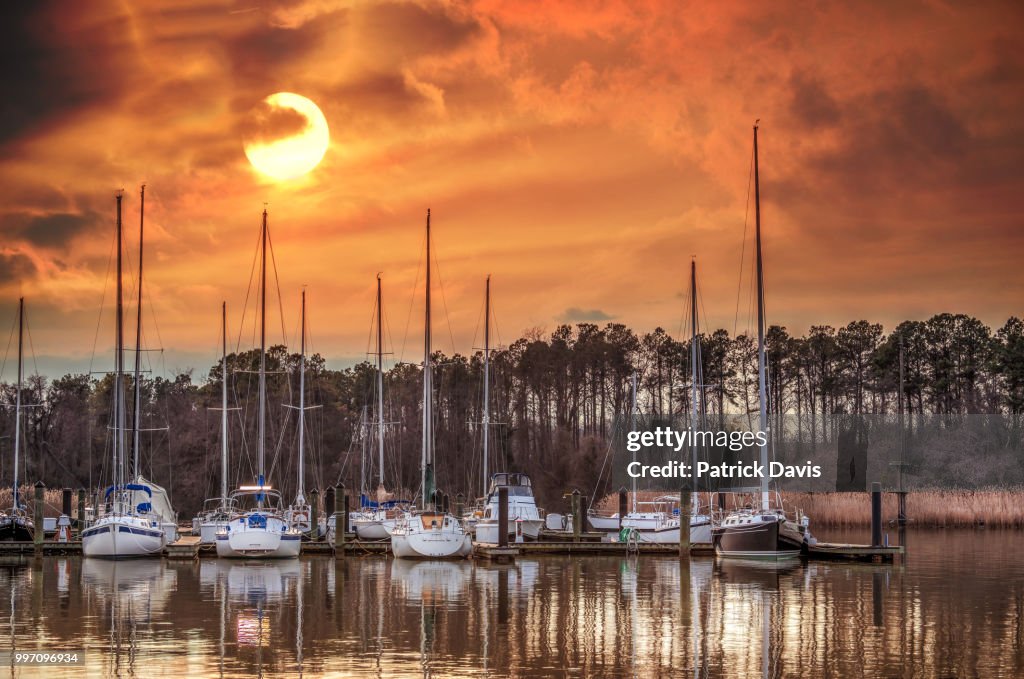 Boat marina on the Chesapeake Bay at sunset