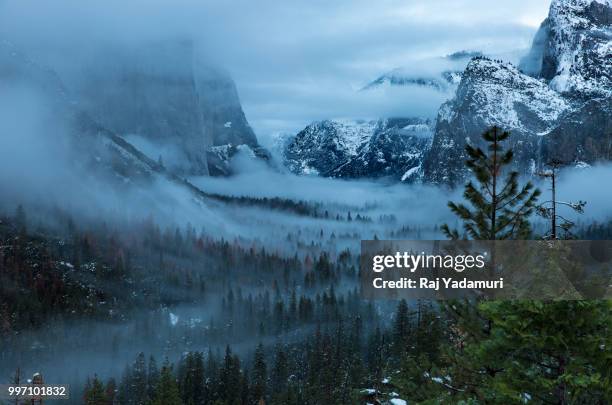 fog over yosemite valley - raj stock pictures, royalty-free photos & images