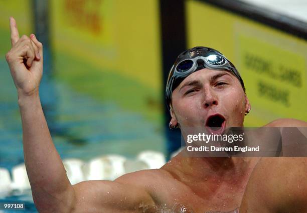 Morgan Knabe of Canada celebrates winning the men's 50 metre Breaststroke at the Chandler Aquatic centre during the Goodwill Games in Brisbane,...