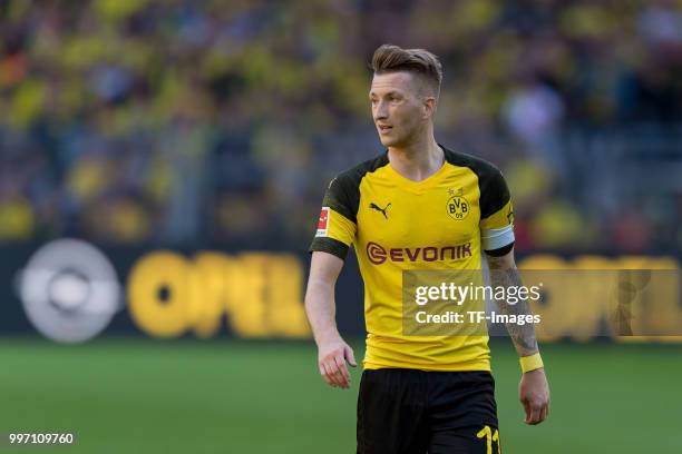 Marco Reus of Dortmund looks on during the Bundesliga match between Borussia Dortmund and 1. FSV Mainz 05 at Signal Iduna Park on May 5, 2018 in...