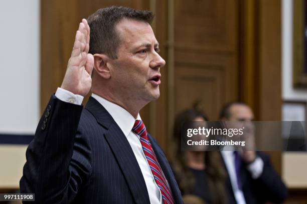 Peter Strzok, an agent at the Federal Bureau of Investigation , swears in to a joint House Judiciary, Oversight and Government Reform Committees...