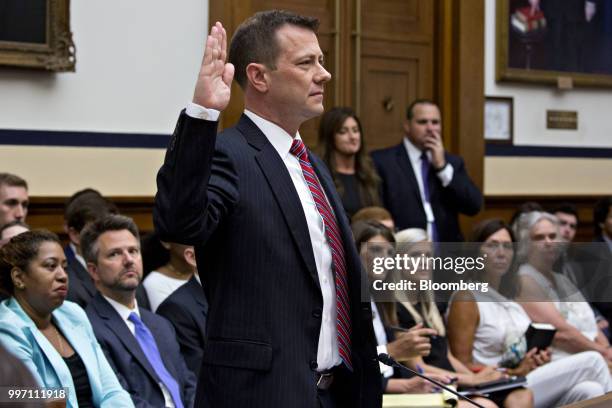 Peter Strzok, an agent at the Federal Bureau of Investigation , swears in to a joint House Judiciary, Oversight and Government Reform Committees...