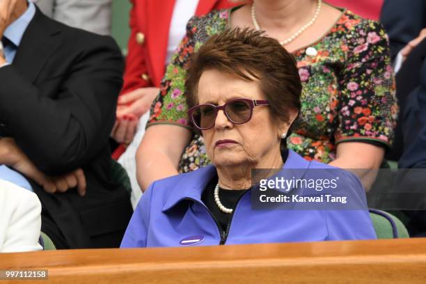 Billie Jean King attends day ten of the Wimbledon Tennis Championships at the All England Lawn Tennis and Croquet Club on July 12, 2018 in London,...