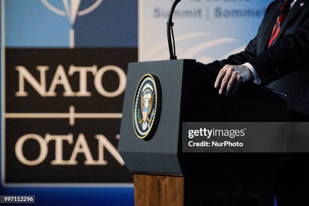 President Donald Trump is seen during his press conference at the 2018 NATO Summit in Brussels, Belgium on July 12, 2018.