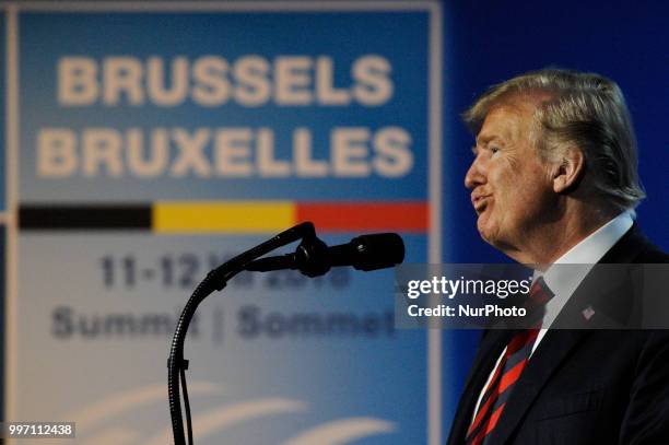 President Donald Trump is seen during his press conference at the 2018 NATO Summit in Brussels, Belgium on July 12, 2018.
