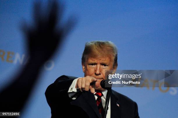 President Donald Trump is seen during his press conference at the 2018 NATO Summit in Brussels, Belgium on July 12, 2018.