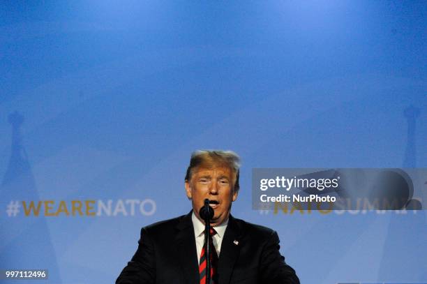 President Donald Trump is seen during his press conference at the 2018 NATO Summit in Brussels, Belgium on July 12, 2018.