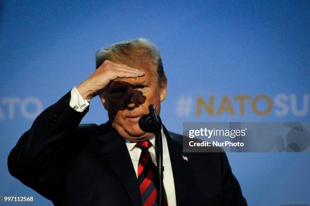 President Donald Trump is seen during his press conference at the 2018 NATO Summit in Brussels, Belgium on July 12, 2018.