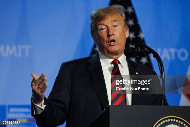 President Donald Trump is seen during his press conference at the 2018 NATO Summit in Brussels, Belgium on July 12, 2018.